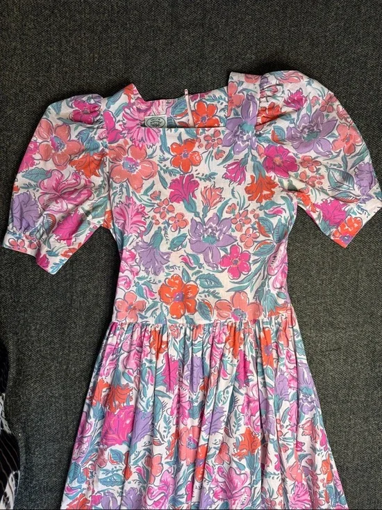 Vintage Laura Ashley Floral Puff-Sleeve Midi Dress Pink & Lavender sz 8 80s 90s - Picture 3 of 10